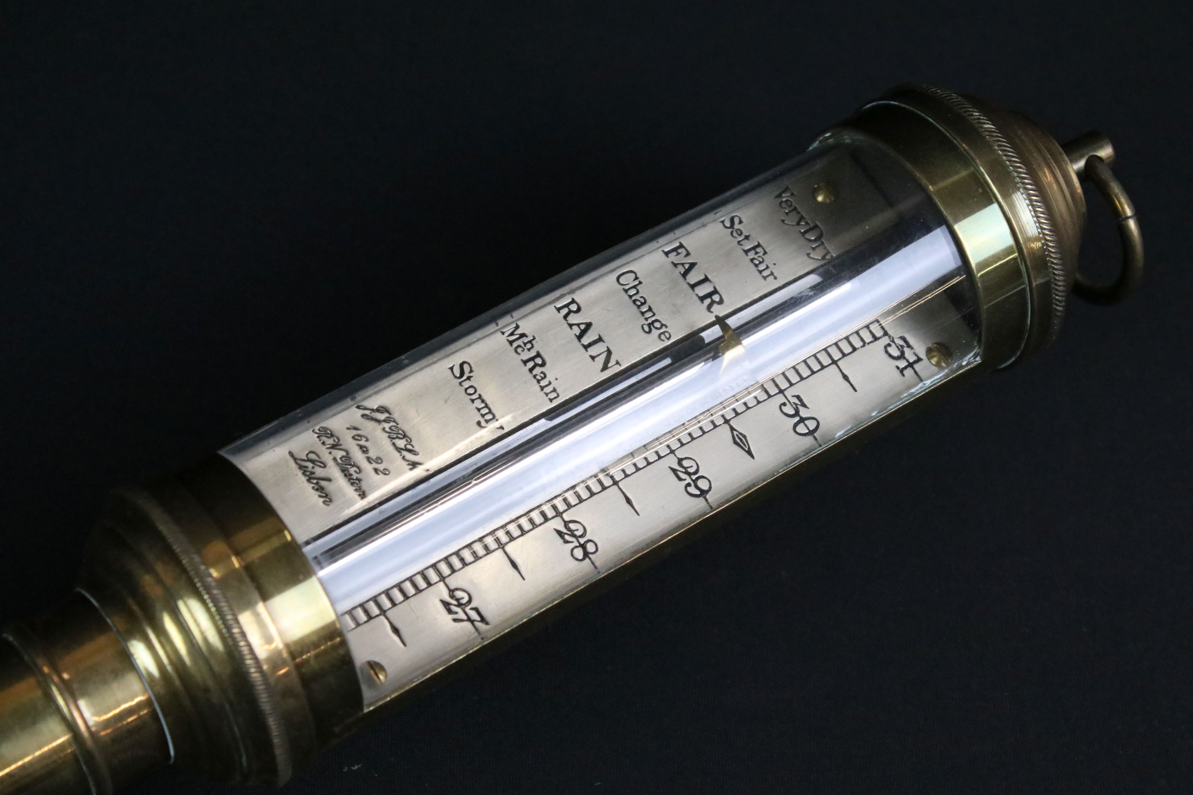 JJBLM of Lisbon 20th Century brass ships mercury stick barometer, with silvered scale inscribed ' - Image 2 of 4