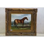 Contemporary Oil Painting on Canvas of a Thoroughbred Bay Horse, Figures and Sheep in a Landscape,