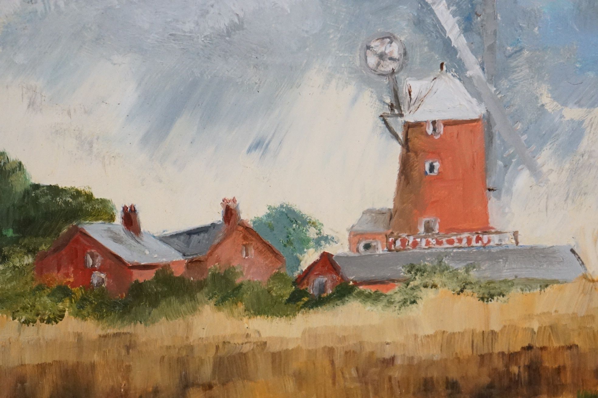 Gilt framed oils on board, a view of farmhouse and windmill through cornfields in Summer, signed - Image 3 of 5