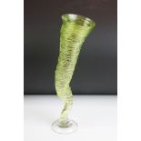 Bob Crooks for First Glass - ' Tornado ' studio green glass vase, with a clear crystal domed foot