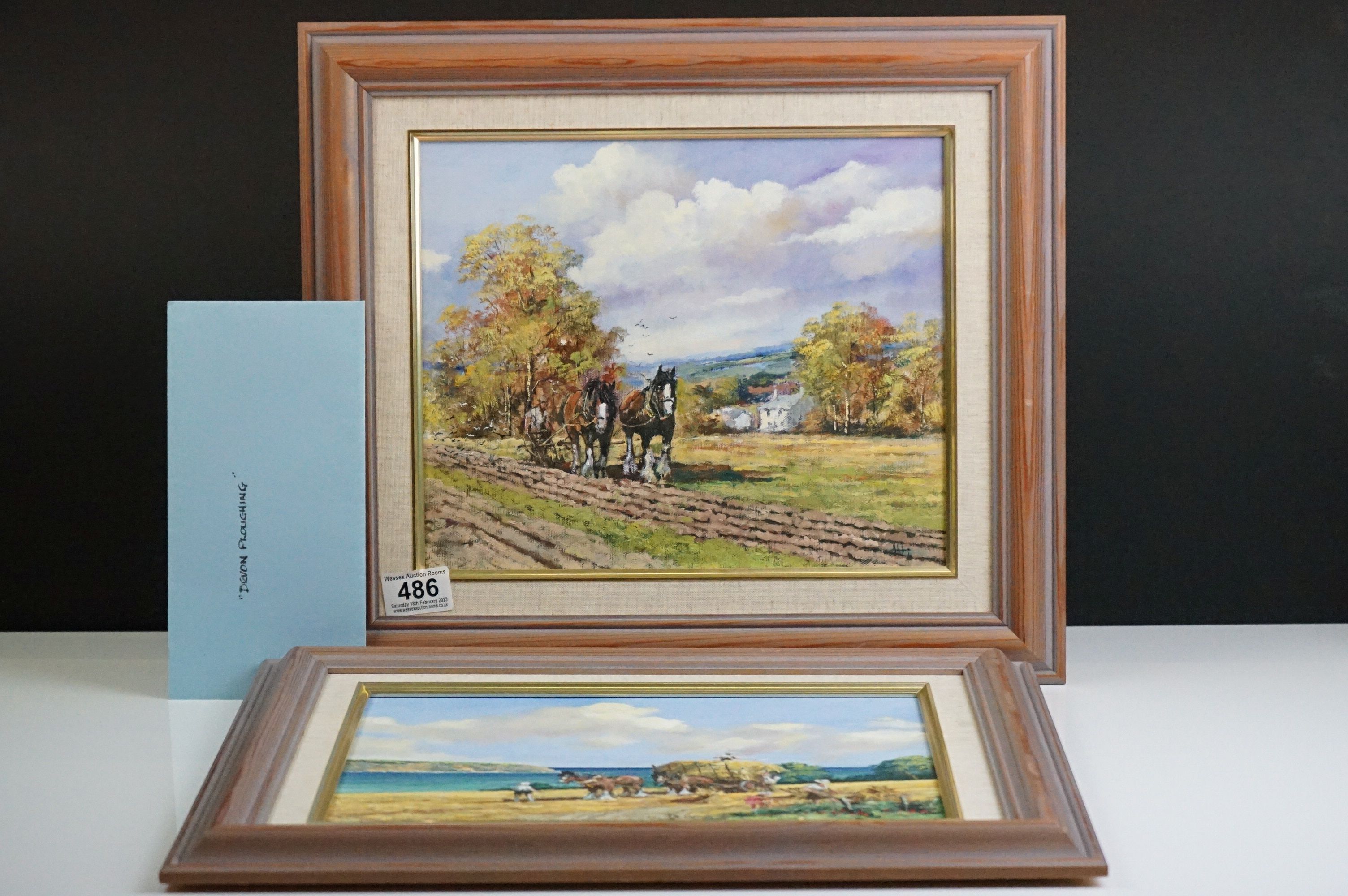 Alan King (British contemporary) Pair of Oil Paintings on Canvas of Shire Horses titled Devon