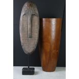 Hardwood Tall Slender Vase / Stick Stand, 60cm high together with a Wooden Face Mask on Stand,