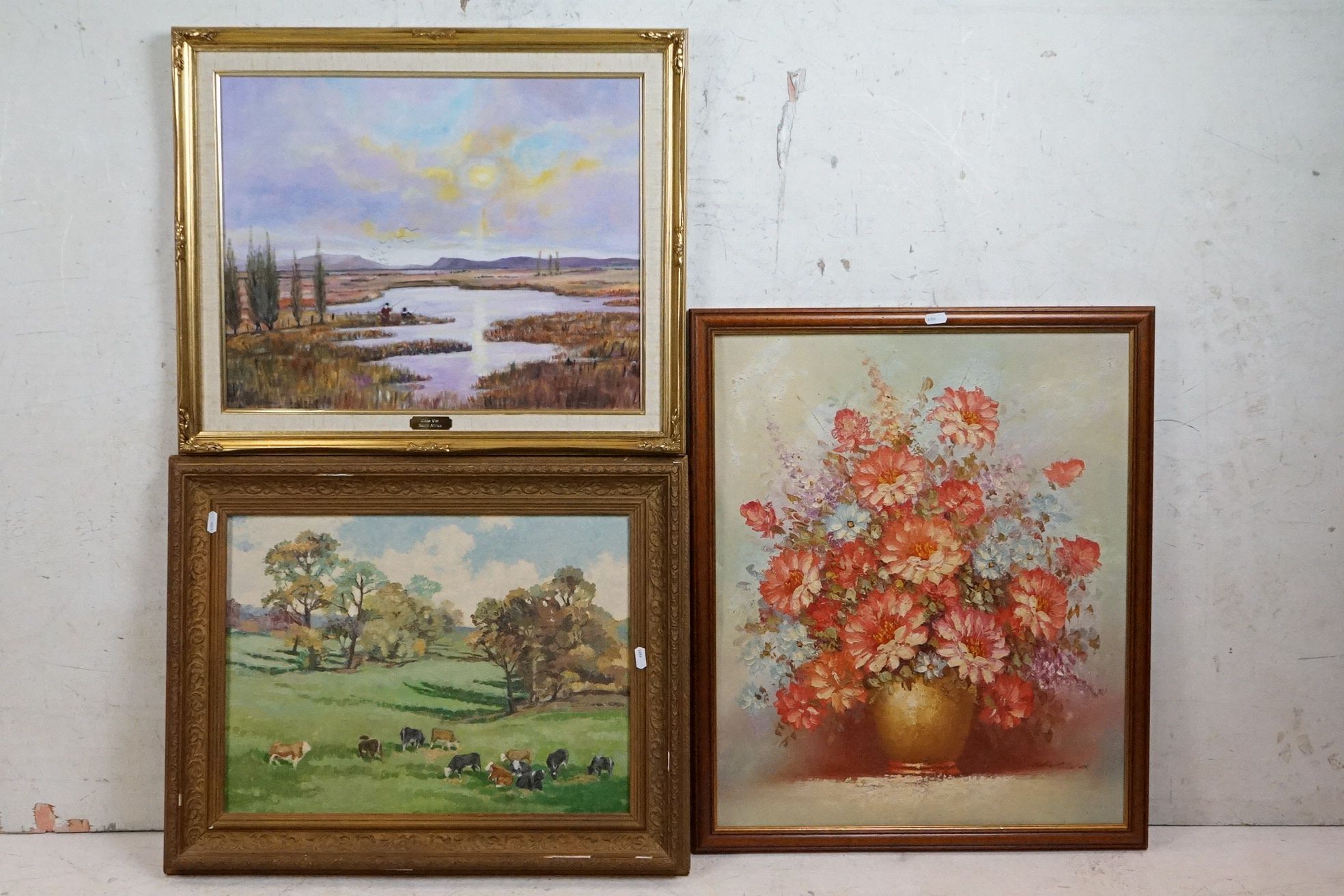 Three Oil Paintings including Cape Vlei, South Africa, Still Life Flowers in a Vase and Cattle in