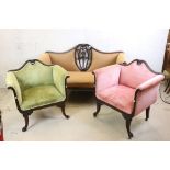 Empire style Mahogany Framed Three Piece Suite comprising a scroll arm settee with carved top