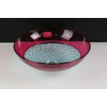 Bob Crooks - Open Lattice studio glass bowl, with cranberry border and a blue open lattice-work