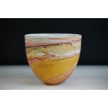 Teign Valley Glass ' Sea Spray ' vase, decorated with tones of pink, yellow and white, initialled '