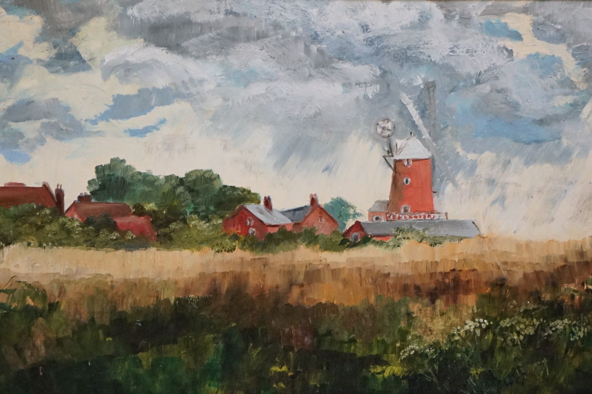 Gilt framed oils on board, a view of farmhouse and windmill through cornfields in Summer, signed - Image 2 of 5