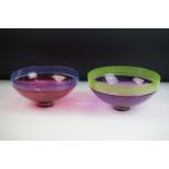 Bob Crooks - Two threaded studio glass bowls to include a lime green & aubergine example, with a