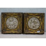 Pair of Marble effect Plaster Plaques depicting children, 17cm diameter contained in ornate gilt