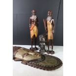 Large African Ethnic Tribal Carved Wooden Face Mask, 93cm high together with a Pair of Wooden
