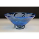 Julia Linstead - Blue overlay studio glass bowl with engraved / etched fish decoration, raised on