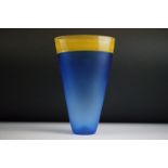 Bob Crooks - A blue & pale amber threaded glass vase of flattened tapering form, with a fine