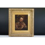 19th century Oil Painting on Panel Portrait of a Country Man playing a Penny Whistle, unsigned, 20cm