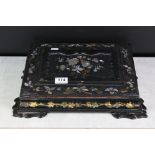 Victorian black lacquered writing slope with abalone shell floral inlay to the hinged lid, gilt