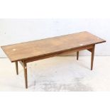 Mid century Retro Teak Long Rectangular Coffee Table raised on turned legs, 122cm long x 41cm high