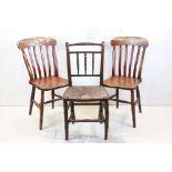 Pair of 19th century Lathe Back Elm Seated Kitchen Chairs together with Sussex style Chair with rush