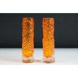 Pair of Whitefriars Tangerine Cylindrical Textured 'Bark' Bud Vases, from Geoffrey Baxter's textured