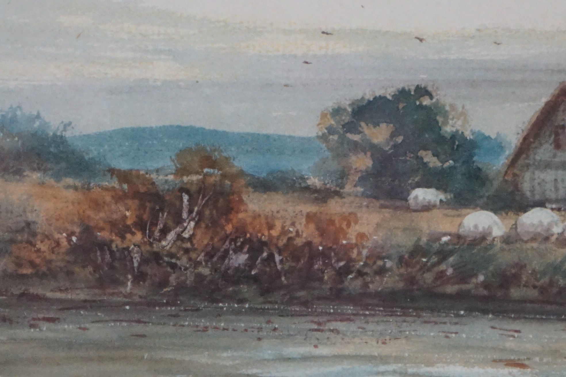Amy Watts, 19th century, a tranquil rural river scene with figures and sheep, label to verso ( - Image 4 of 8