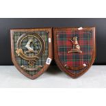 Pair of Oak Shield Shaped Scottish Heraldic Crest Wall Plaques, one representing the Mackinlay