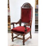 Large 19th century Carved Oak ' Throne ' Elbow Chair, the arched top with carved cresting and carved