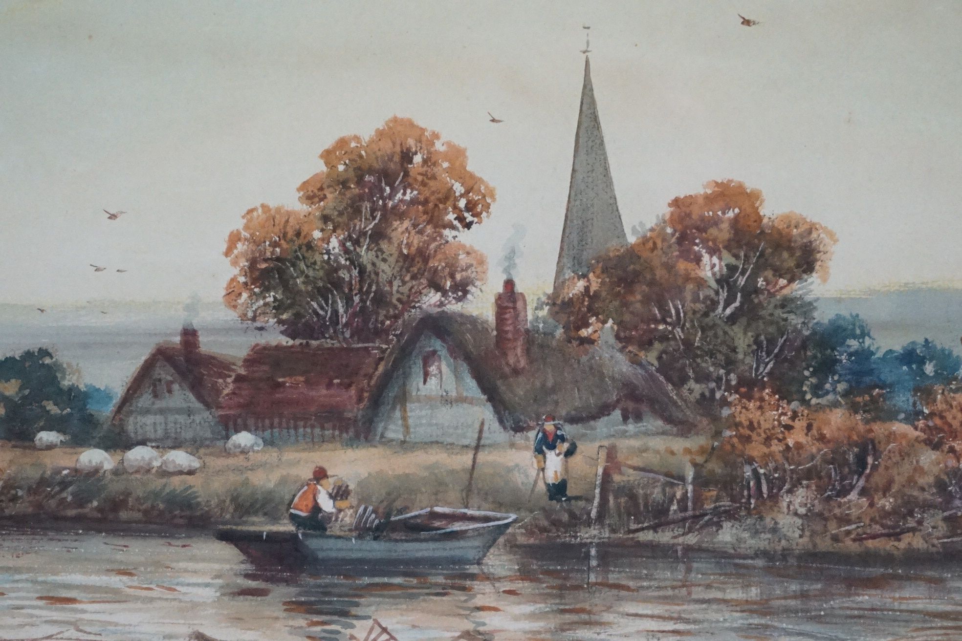 Amy Watts, 19th century, a tranquil rural river scene with figures and sheep, label to verso ( - Image 3 of 8