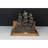 Cast Bronze Inkwell Standish in the form of HMS Victory on the Sea near to a Harbour Wall, mounted