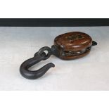 Early to Mid 20th century Wooden Ship's Pulley Block with cast iron hook, brass name plate for