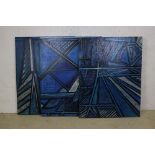 Three Large Abstract Oil Paintings on Board in blue tones, 77cm x 101cm