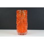 Whitefriars Glass Cylindrical Textured ' Bark ' Vase, tangerine colour, 19cm high