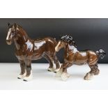 Beswick Brown Shire Mare, model 818 together with a Beswick Brown Cantering Shire model 975