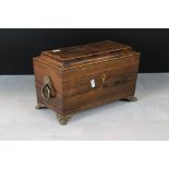 Regency Rosewood and Parquetry Satinwood Inlaid Tea Caddy of sarcophagus form, the hinged lid