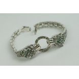 Silver Panther style designer Bracelet set with marcasites and emeralds