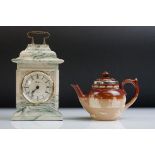 Doulton Lambeth Stoneware Teapot with Silver Rim together with Aynsley ' Portland ' Mante Clock