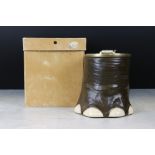 Mid century Ceramic and Leather Covered Jar and Lid in the form of an Elephant Foot with white metal