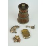 A small group of collectables to include a wooden pepper grinder, three cat brooches and a vesta