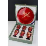 1960's Set of Six Japanese Red Lacquered Saki Cups with matching Tray, the cups all gilt decorated