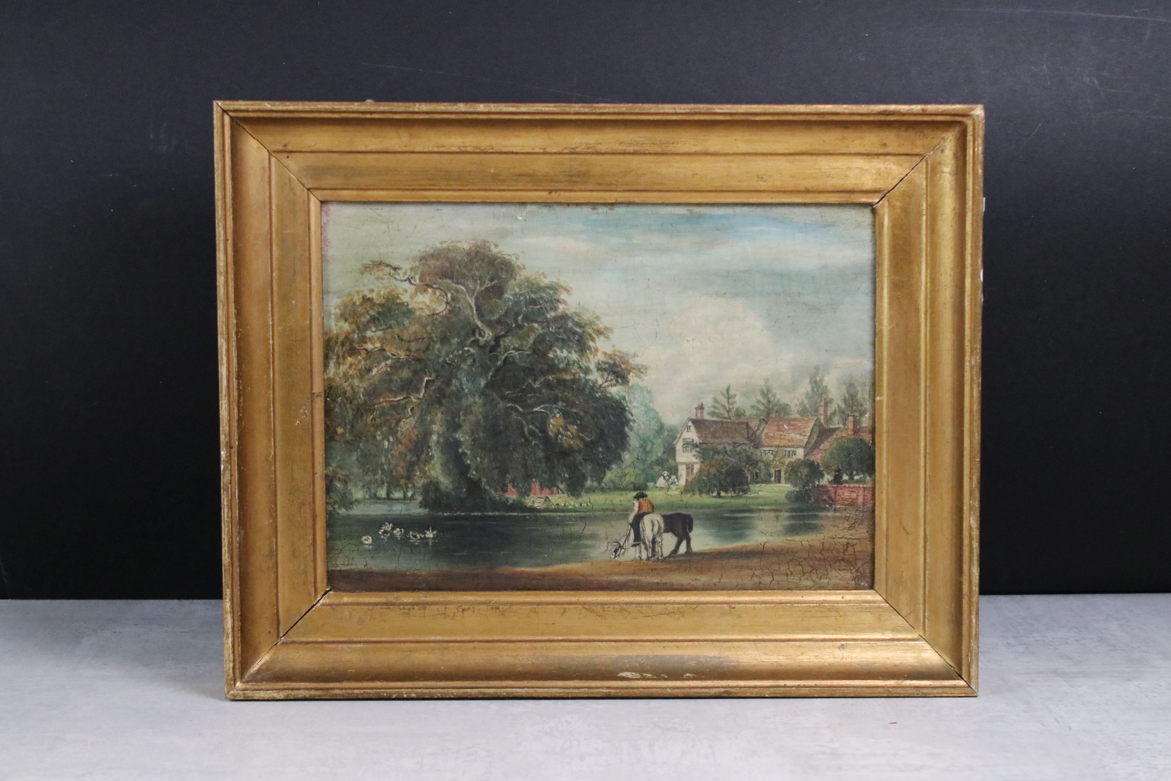 19th century Oil on Board of a Figure with Horses by a Pond, text to verso by J Wilkinson 1855, 19cm - Image 2 of 11