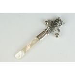 Silver Owl shaped Babies Rattle with mother of pearl handle