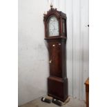 19th century Mahogany Longcase Clock, the arched painted face with Roman numerals and Arabic