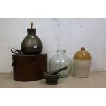A group of mixed collectables to include a hat box, brass lamp, pestle and mortar, terrarium and a