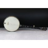 Fretless Open Back Banjo by J R & S, the fingerboard with mother of pearl inlay, 92cm long