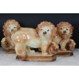 Pair of Staffordshire Pottery ' Hanley ' Medici Mantle Lions with glass eyes (one eye missing ),
