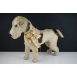 Mid century Standing Fox Terrier, plush cream with brown and black patches, glass eyes, stitched