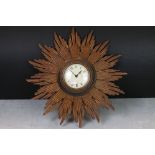 Mid 20th century ' Metamec ' Gilt Wood Sunburst Wall Clock, 48cm wide