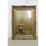 Oil Painting of a Two Galleon Sailing Ships, 47cm x 35cm, ornate gilt framed and glazed