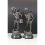 After Moreau, Pair of Bronze Putti ' Little Angel Drum ' and another similar playing the Tambourine,