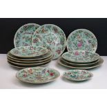 Thirteen Chinese Famille Rose Plates, all decorated in enamels with birds, butterflies and flowers