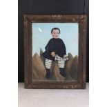 Framed Naive Oil Painting of a Boy seated on Rocks in a Coastal Scene
