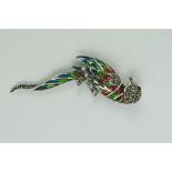 Silver and Plique a Jour Parrot Brooch / Pendant with ruby eye