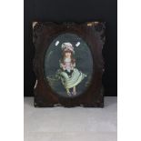 Oval Oil Painting of a 19th century Girl wearing a bonnet and sat in a garden, 34cm x 25cm, framed